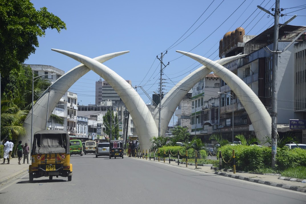 Mombasa city street with giant tusks