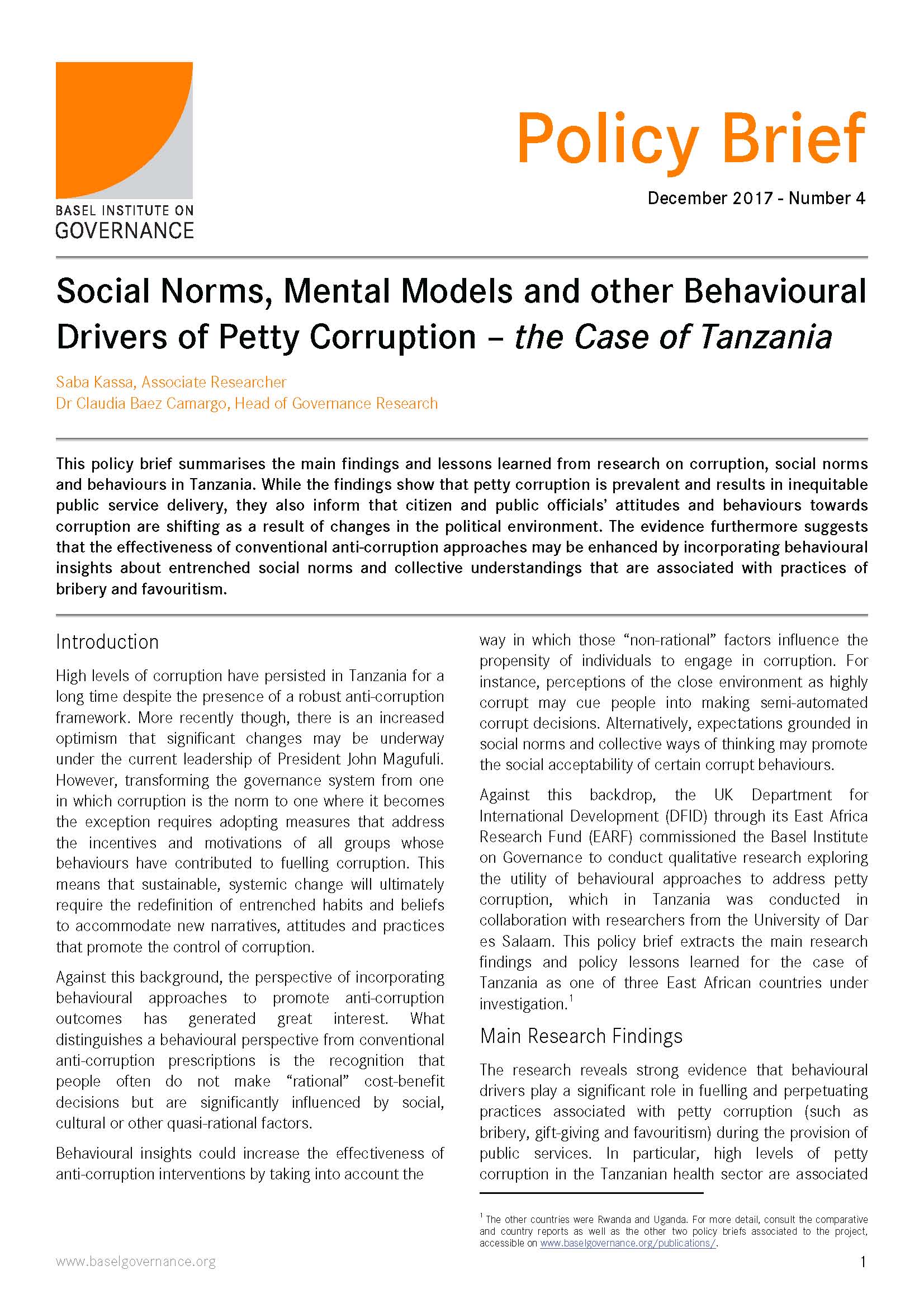 First page of Tanzania policy brief