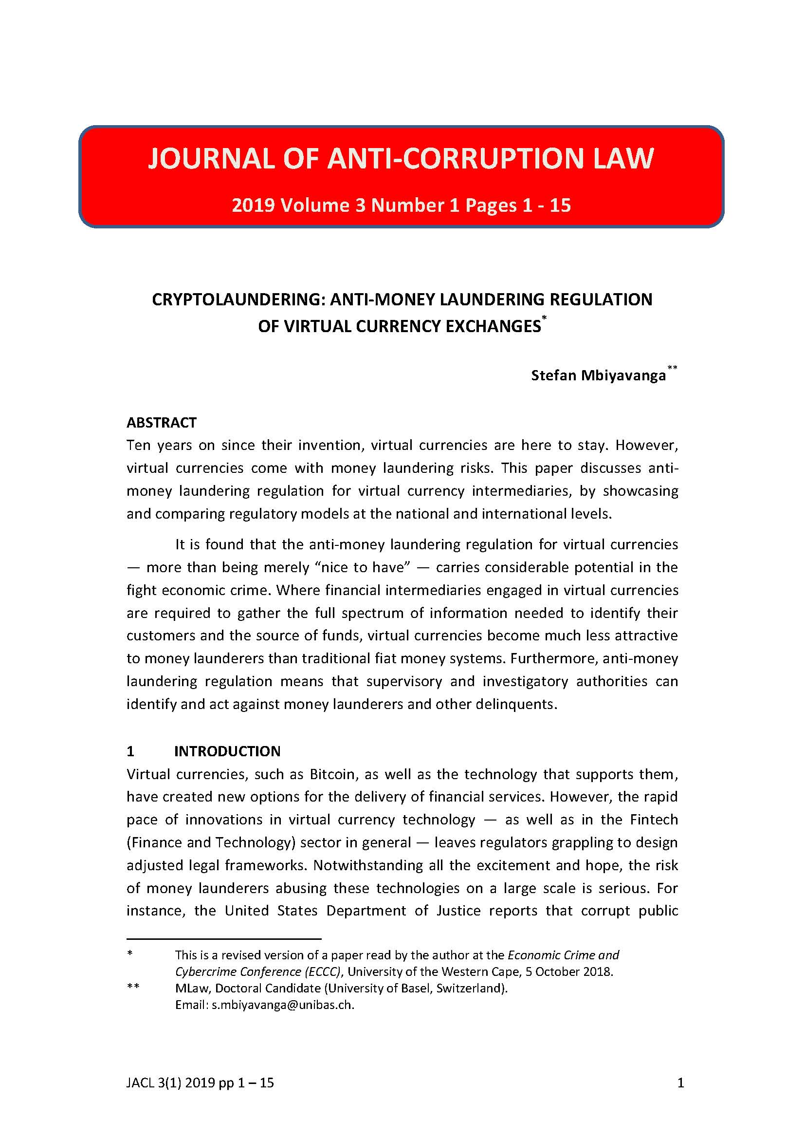 Journal of Anti-Corruption Law first page