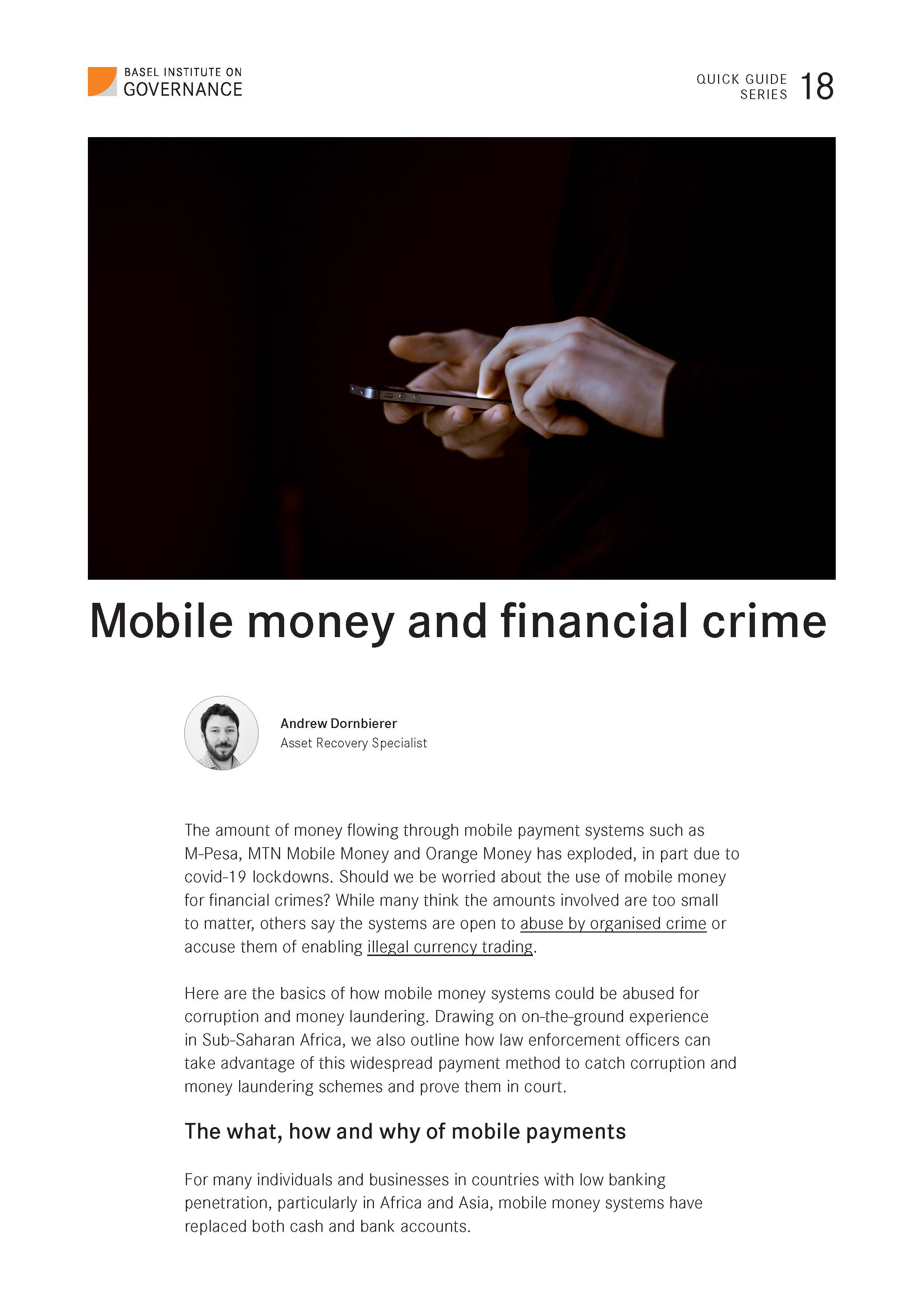 1st page of quick guide to mobile money and financial crime
