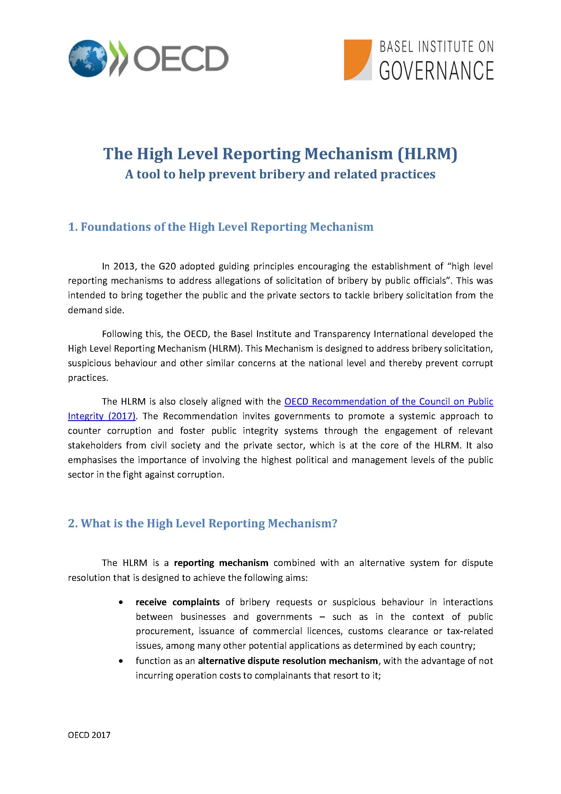 High Level Reporting Mechanism 2017 overview - page 1