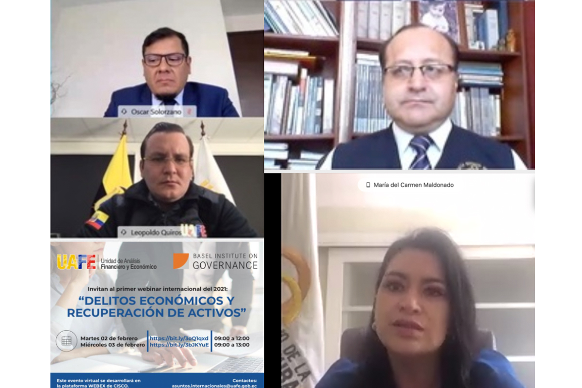 Collage of screenshots from a virtual seminar with the Basel Institute and Ecuadorian Financial and Economic Analysis Unit