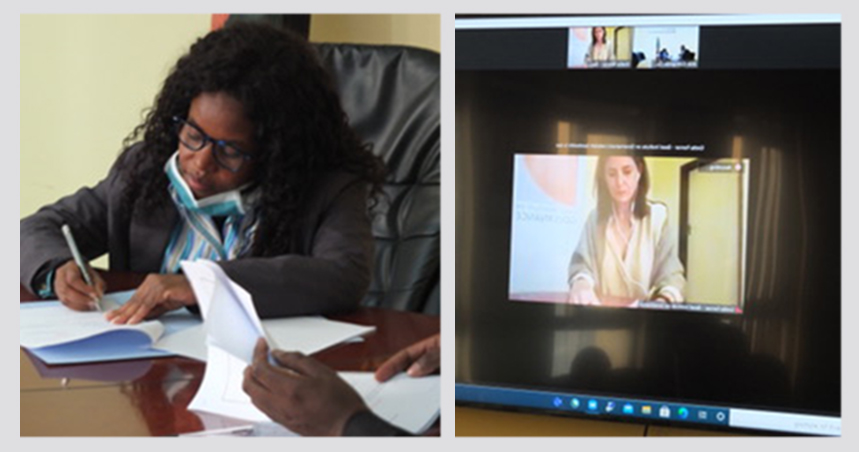 The virtual signing ceremony between the Acting Director-General of Zambia's Anti-Corruption Commission, Rosemary Nkonde-Khuzwayo (left), and the Basel Institute's Managing Director, Gretta Fenner (right)